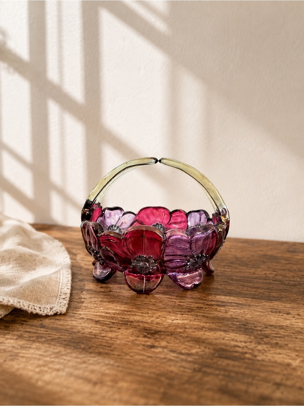 Pink & Purple Floral Glass Basket Decorative Art Glass Dish